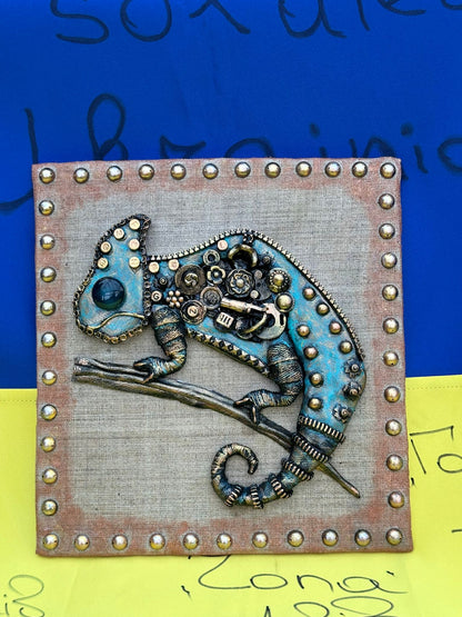 Handmade Steampunk Type Chameleon on fabric background. Totally Unique!